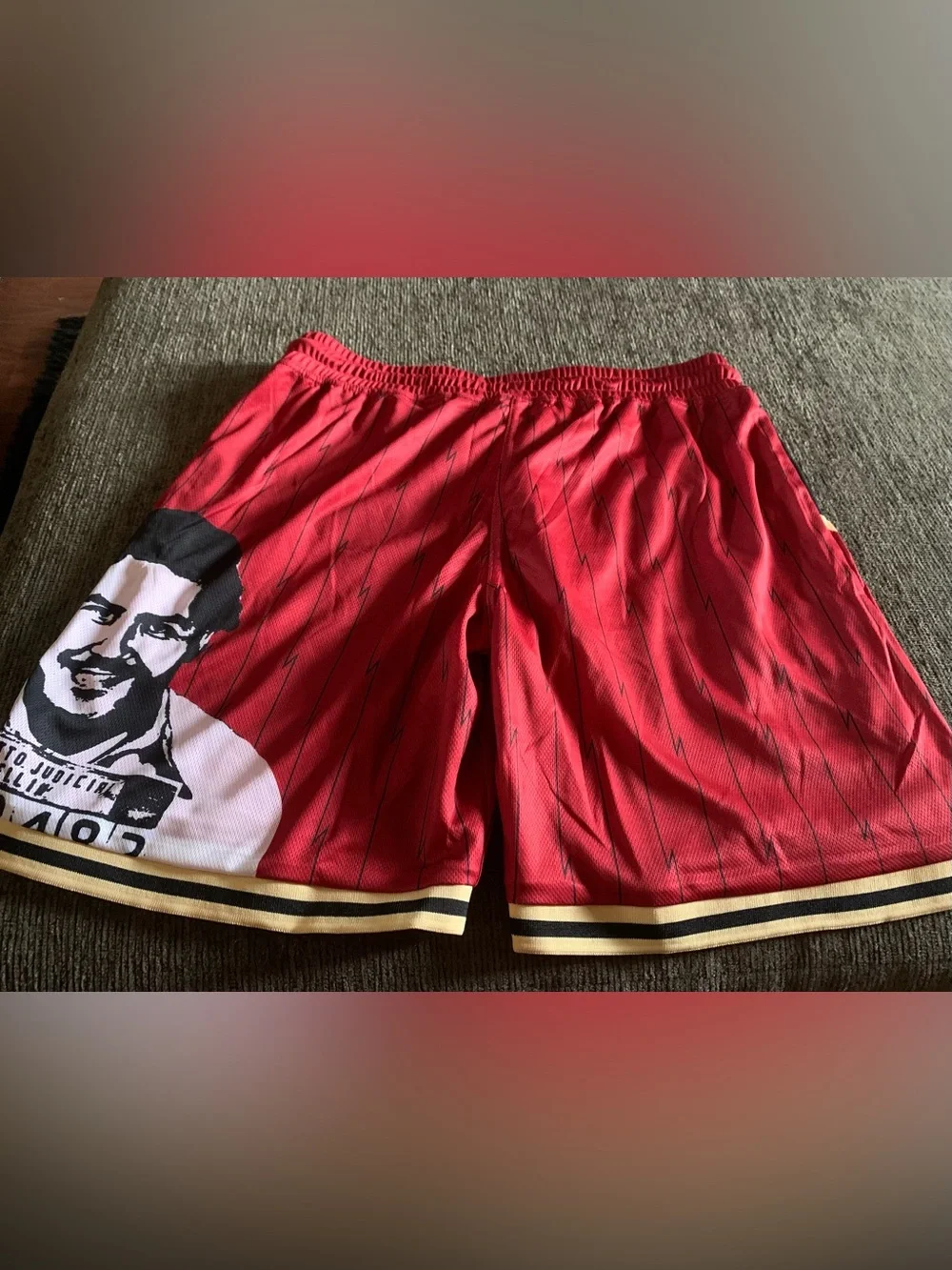 Basketball shorts featuring a graphic of Pablo Escobar with 